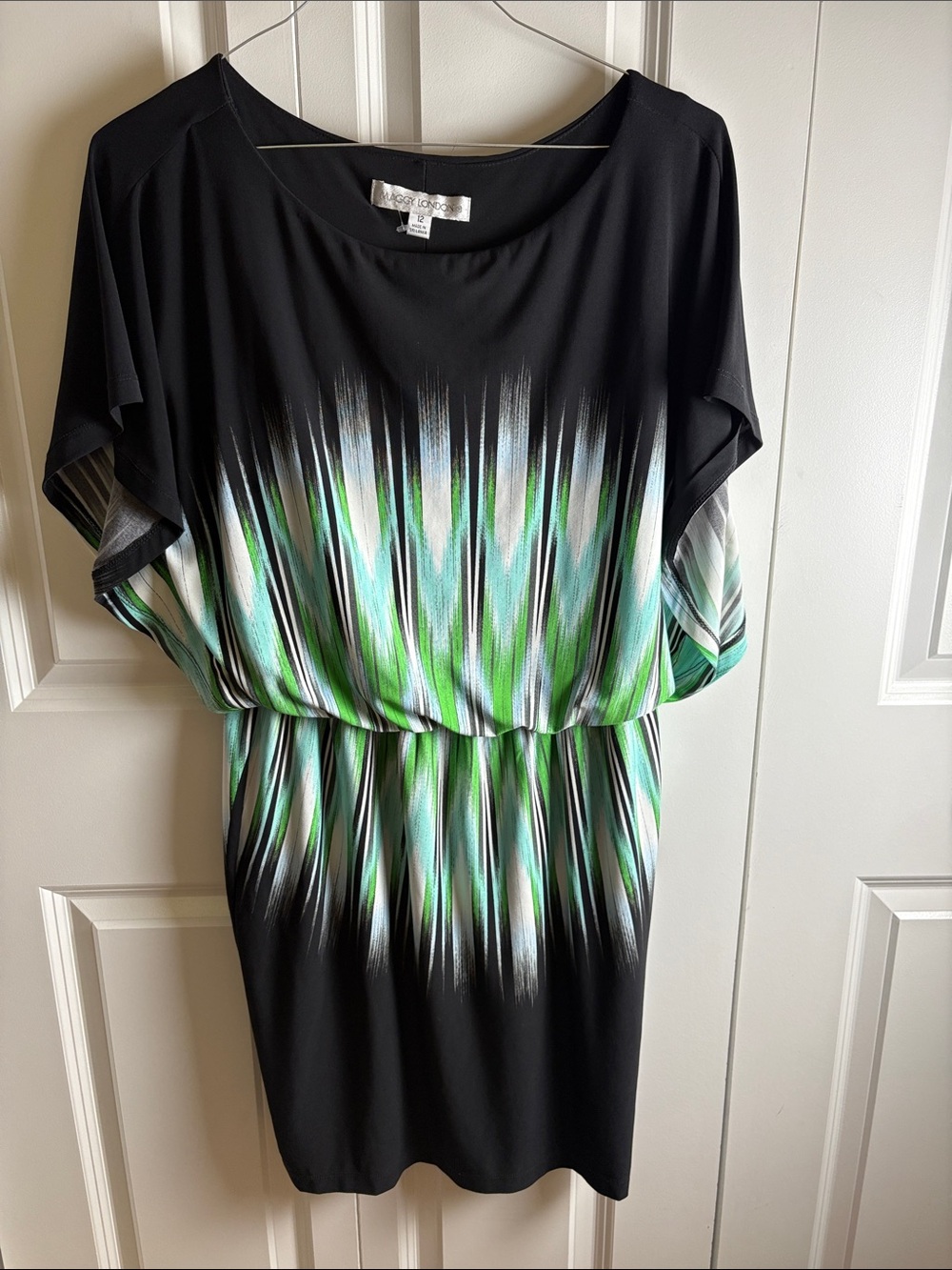 Maggie London Black Dress with Green & Light Blue Starburst Brushstroke Print